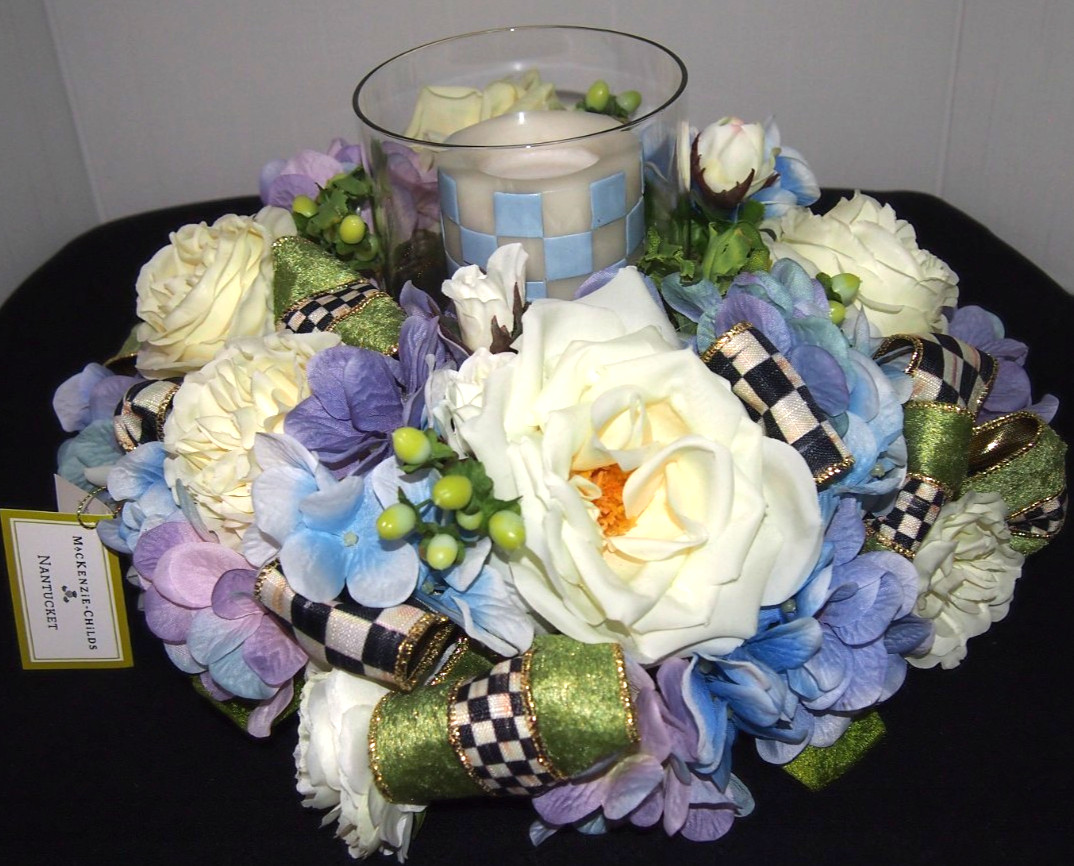MacKenzie-Childs Nantucket Candle Centerpiece w/2 MC Hand-painted Pillar Candles