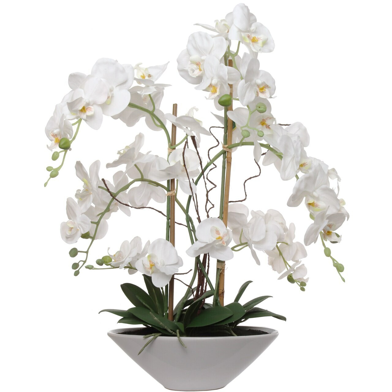 25″ White Phalaenopsis Orchid in White Ceramic Boat Vase Realistic Silk Blooms