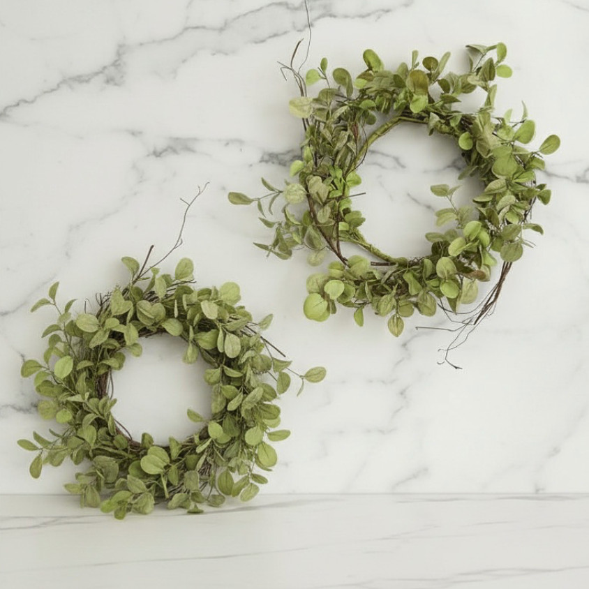 Set of 2 Greenery Wreaths Eucalyptus-Style Leaves Organic Branching Accents 16″W