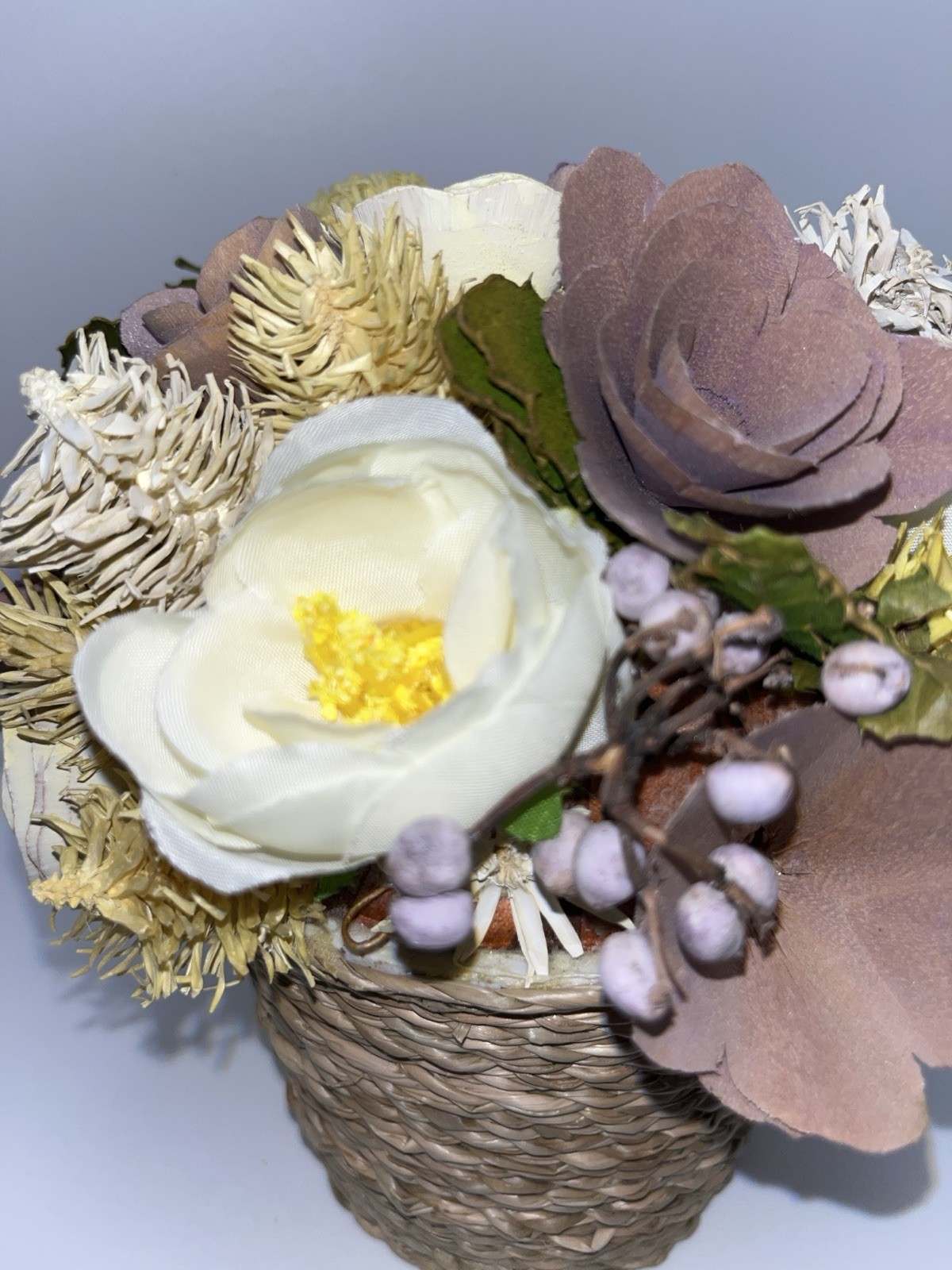 Sola Wood Rose Floral Arrangement Lavender Mauve Ivory Faux Flower Weave Basket