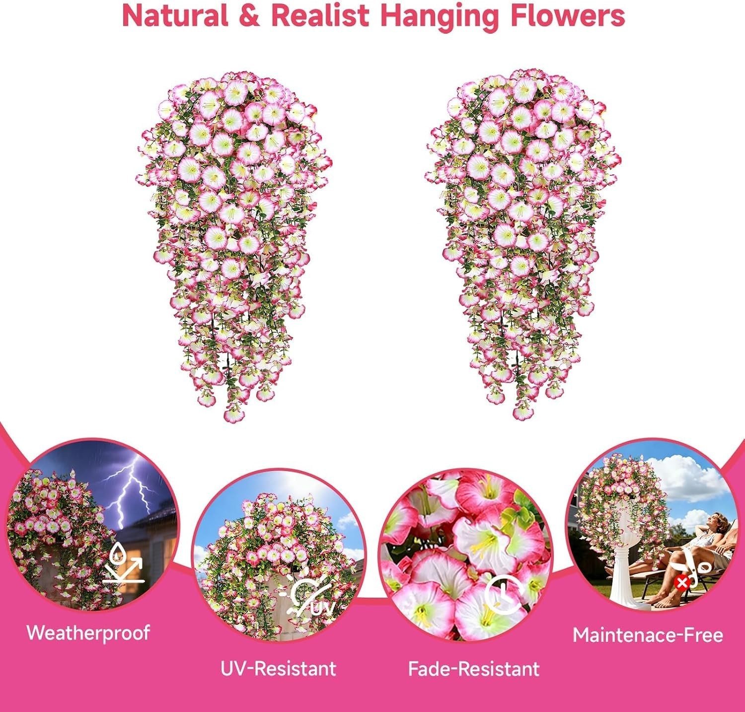 Artificial Hanging Flowers for Outdoors, 2 PCS 300 Blooms UV Resistant Mornin…