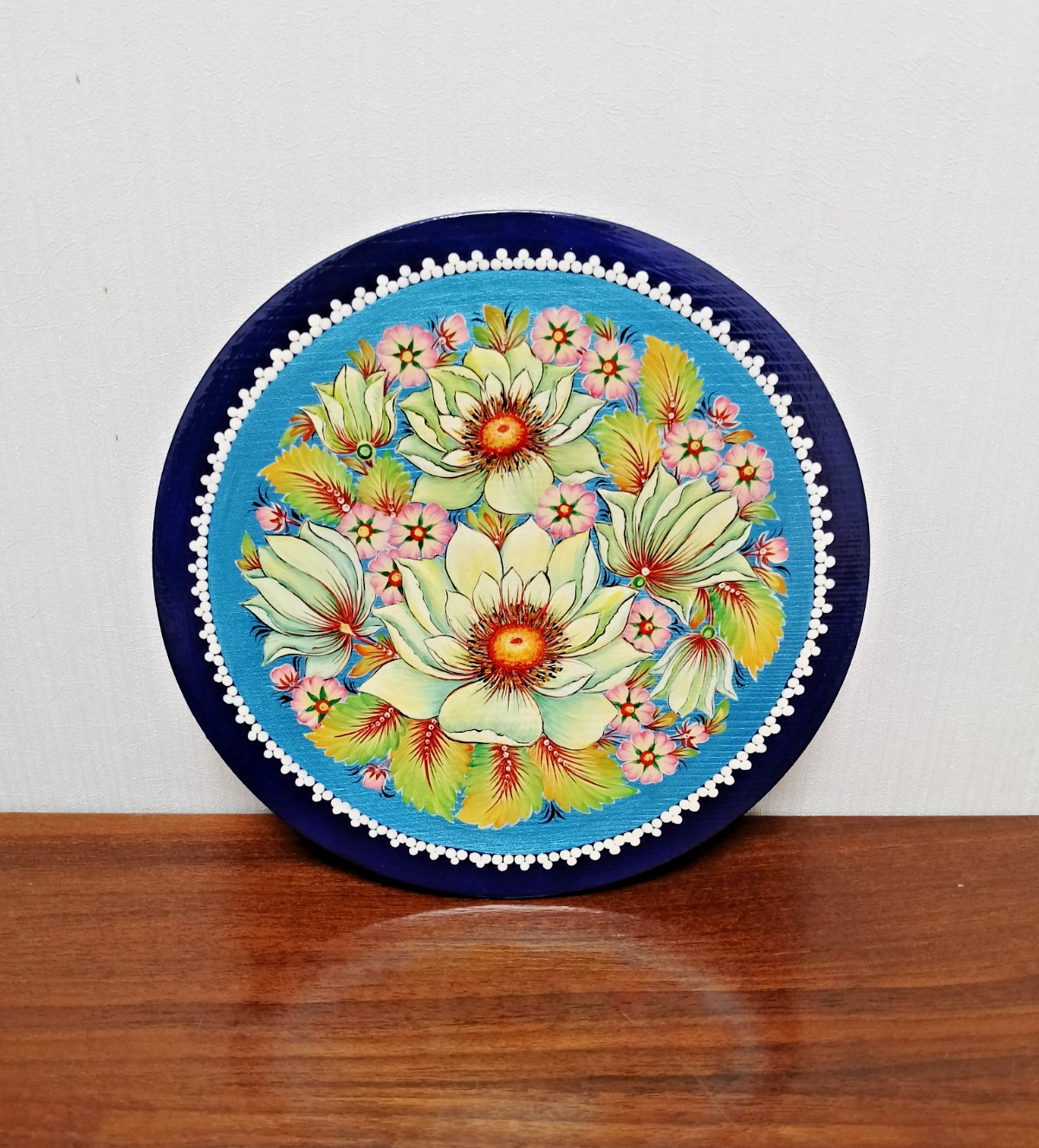 Decorative Wooden Plate with White Lilies |Cream & Snow-White Floral Design|Gift