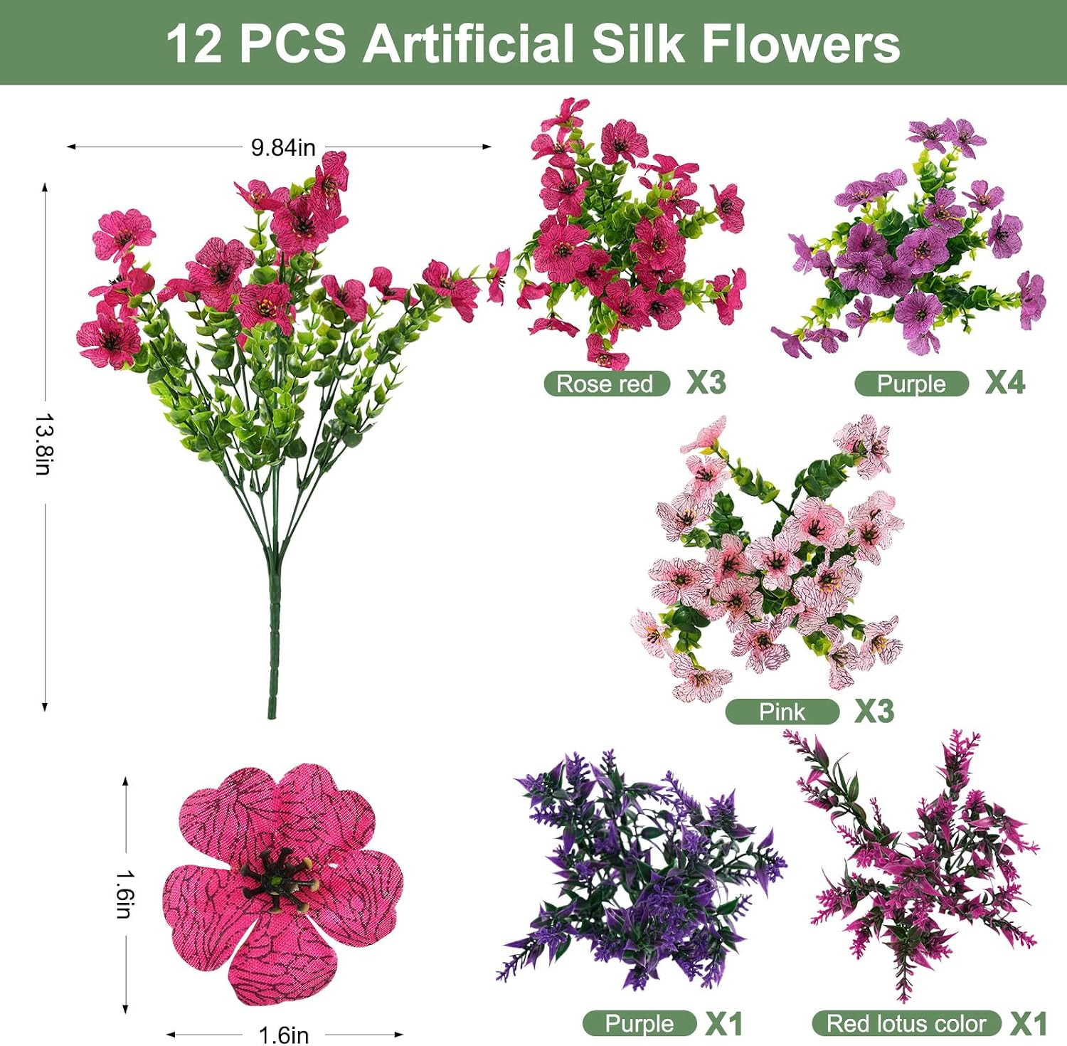 UV Resistant Artificial Flowers – 12Pcs Mixed Color for Indoor & Outdoor Decor