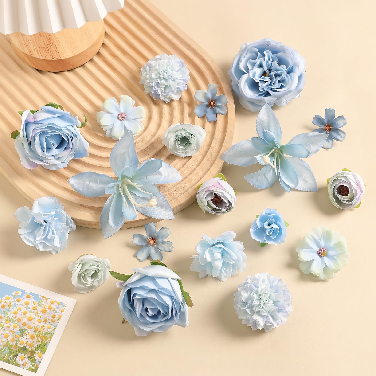 48 PCS Blue Silk Fake Flower Heads Artificial Roses Peonies Daisies Decor