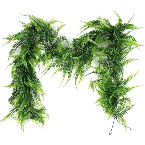 2Pcs 5.8Ft Artificial Boston Ferns Garland Fake Hanging Plant Green-fern2pcs
