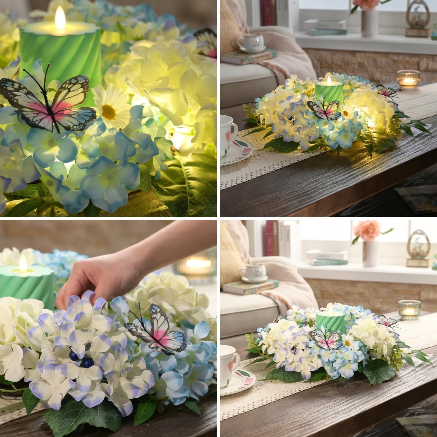 Coronas de primavera para puerta principal con luces, hortensias azules
