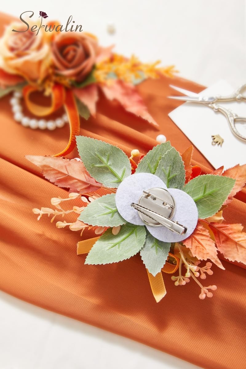 2 PCS Orange 6-7 Inch Wrist Corsage Boutonniere Set Wedding Prom Ceremony