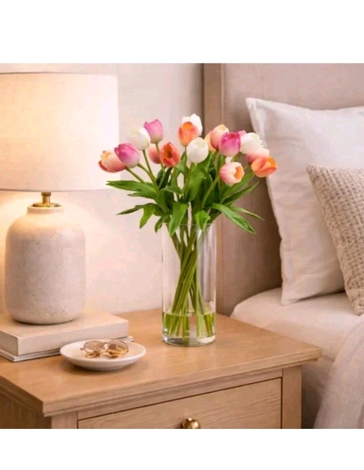 TULIPS FAKE ARTIFICIAL FLOWER FLORAL ARRANGEMENT SILK FLOWERS CERAMIC VASE NEW