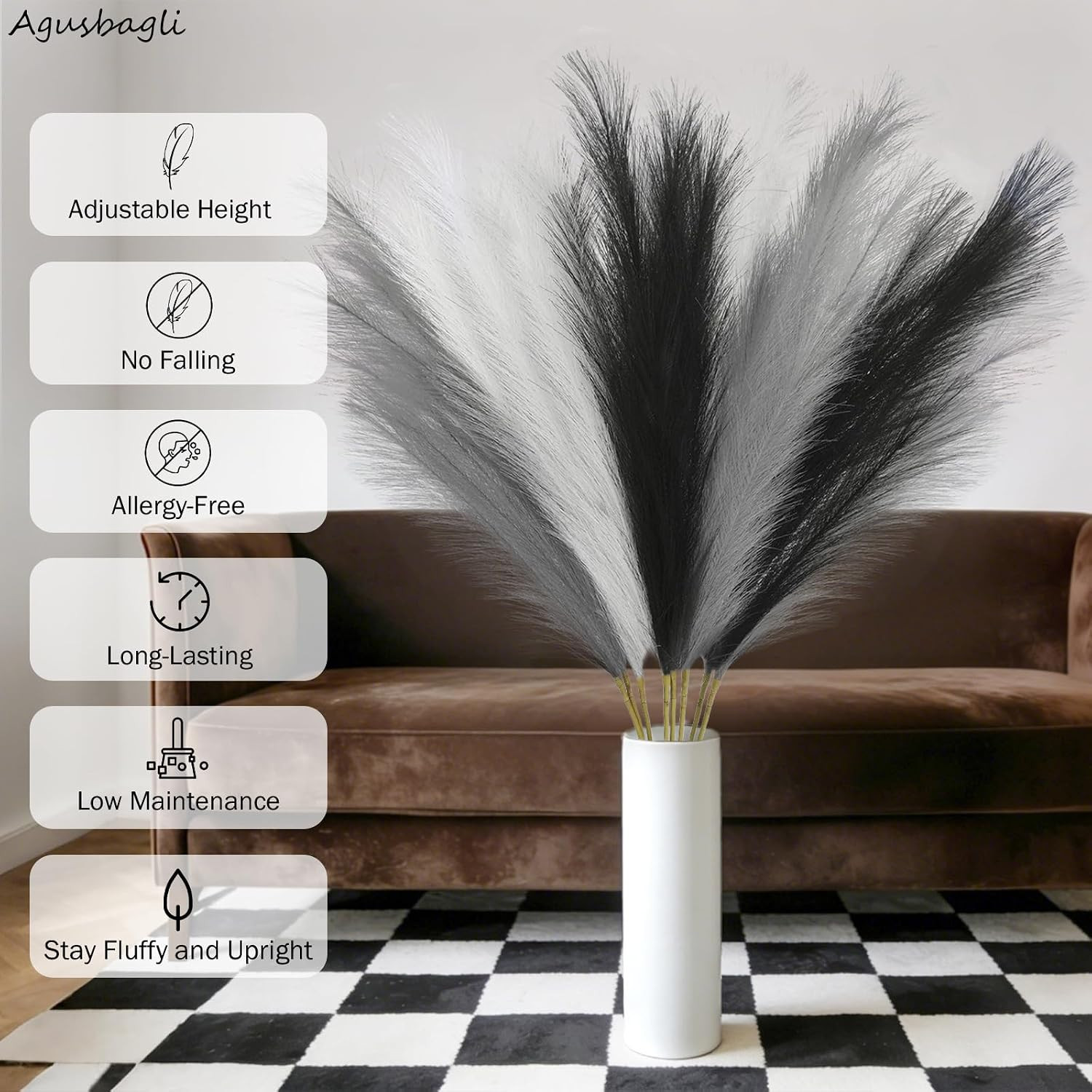 8 Pcs Black Faux Pampas Grass Decor 35“ Fluffy Tall Artificial Colored Pampas Gr
