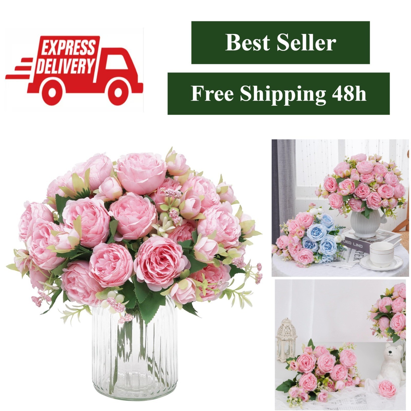 2 Packs Light Pink Artificial Peonies | Faux Silk Flower Bouquets