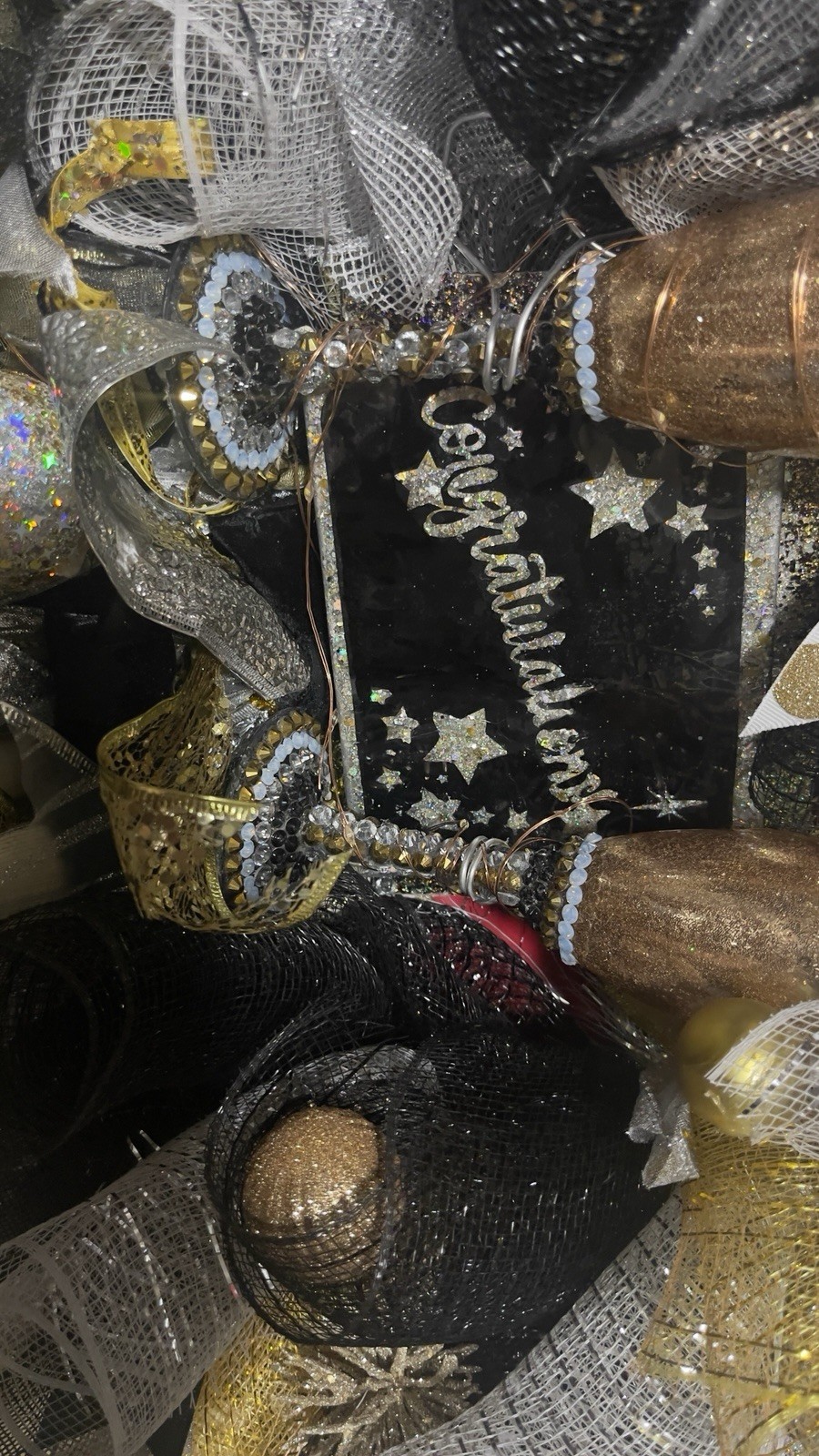 Graduation Wreath Black Gold Congrats Deco Mesh Door LED Party Decor