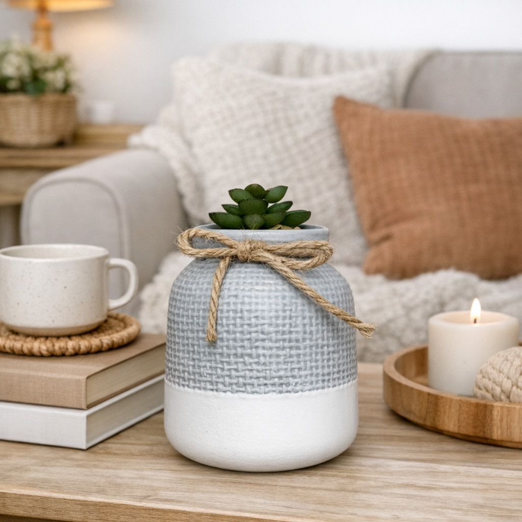 Rustic Ceramic Succulent Vase Jute Bow Textured Gray & White Planter Home Decor