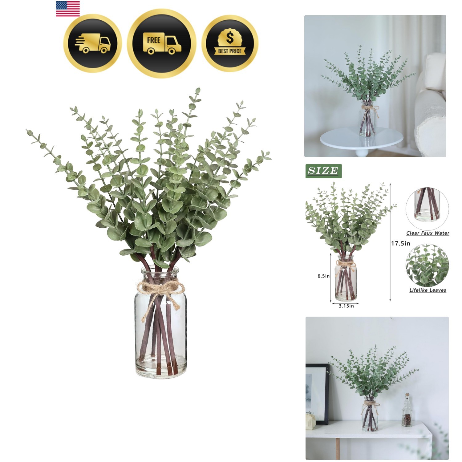 Artificial Eucalyptus Stems in Glass Vase Home Wedding Decor Greenery Table C…