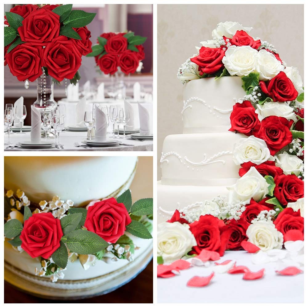 AmyHomie Artificial Flower 50pcs Real Looking Fake Roses w/Stem for DIY Wedding