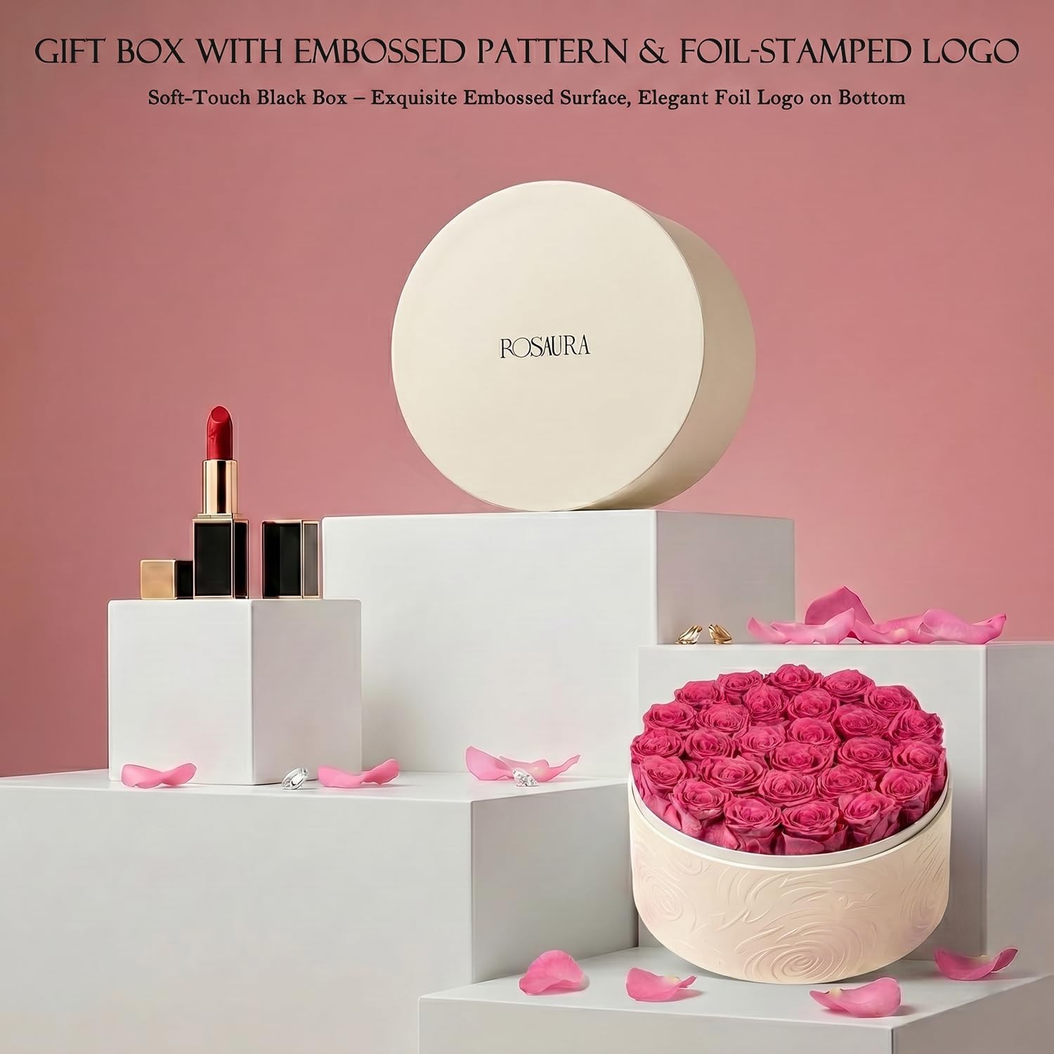 Preserved Roses in Box Forever Flowers Gift Pink White Round Box Preserved