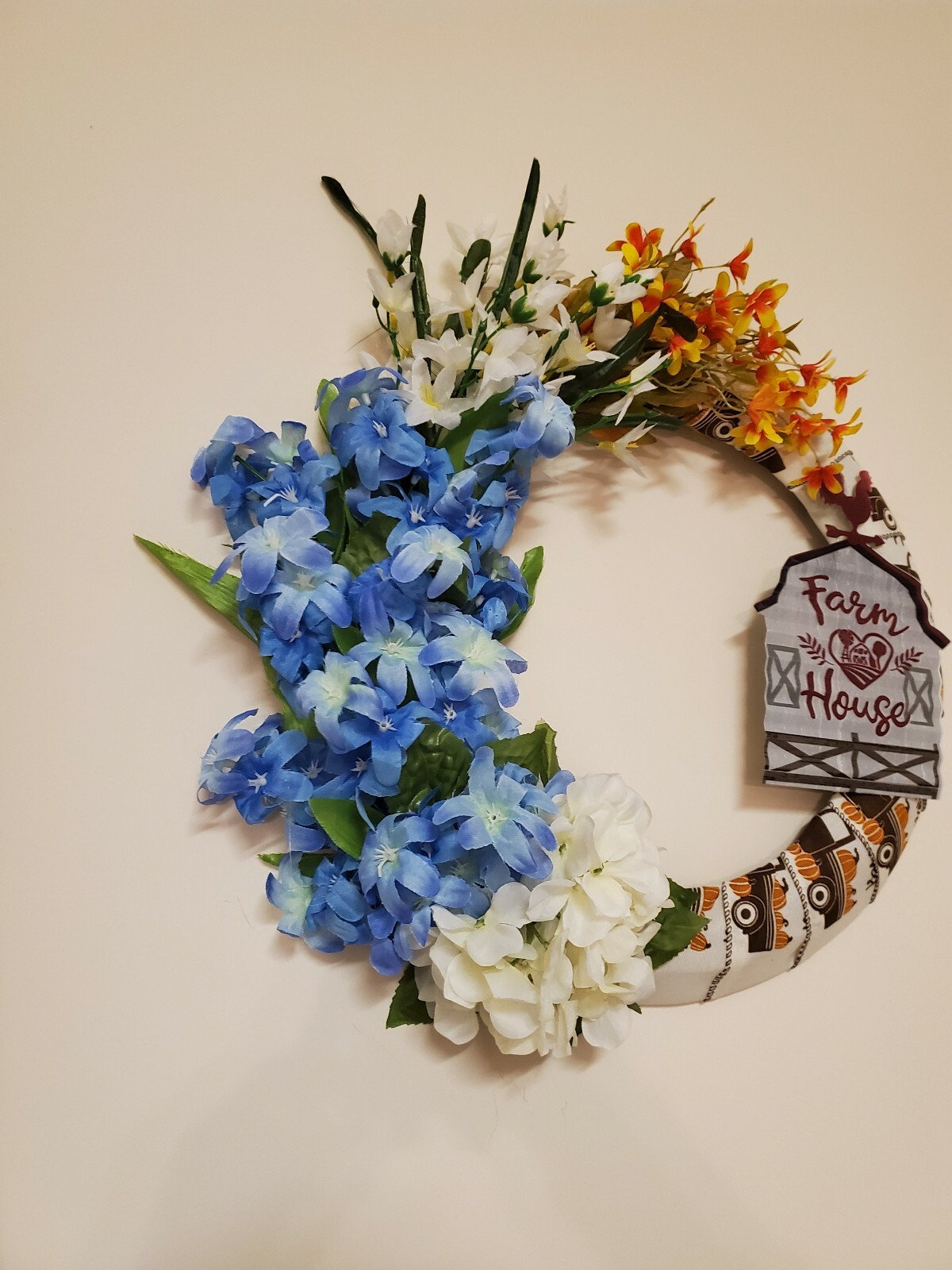 FARMHOUSE wreath Hydrangeas Hyacinth Heart burlap FALL spring SUMMER Front Door