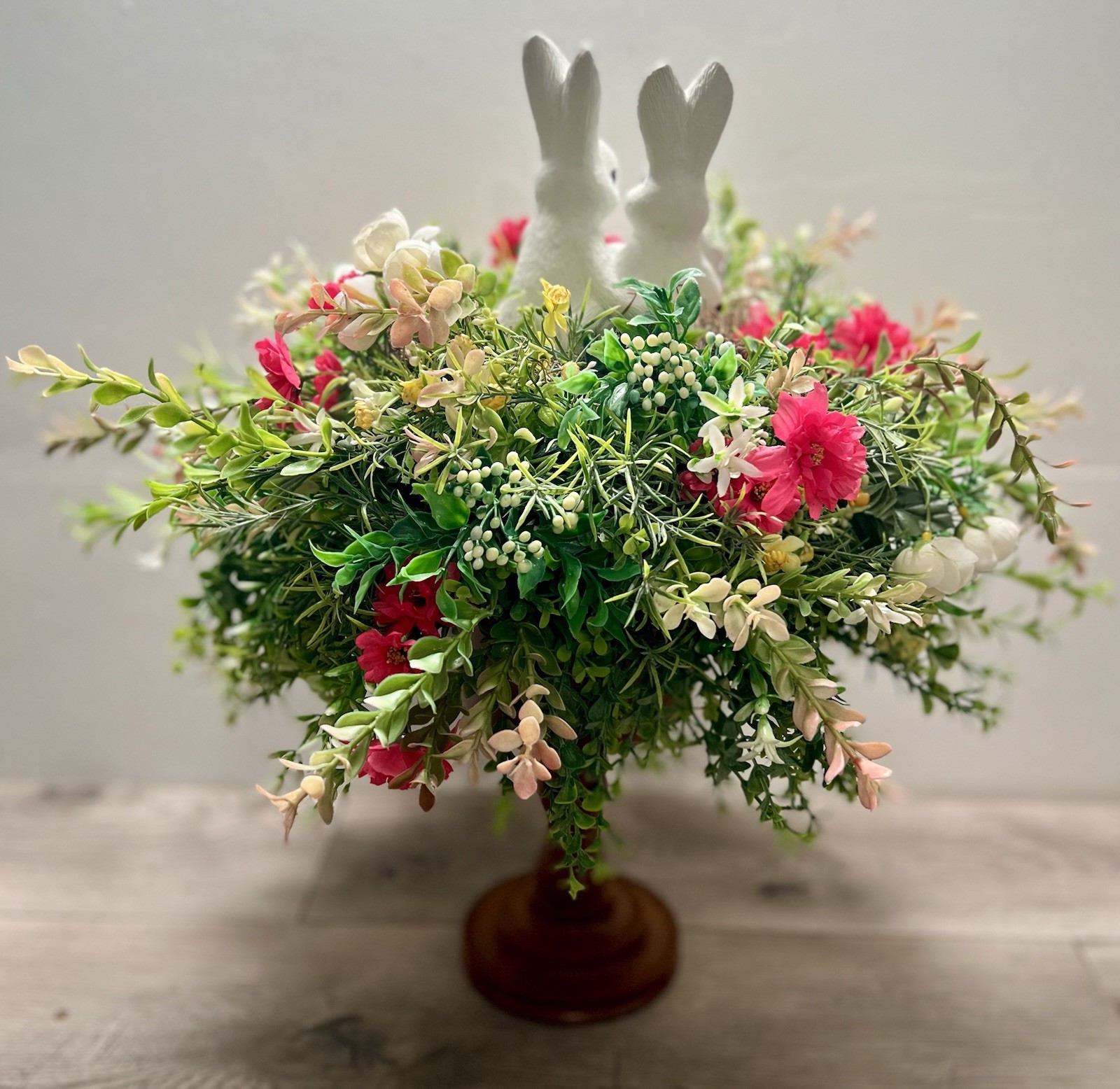 Spring Easter Candle Stick Floral Arrangement Greenery Flowers Rabbit