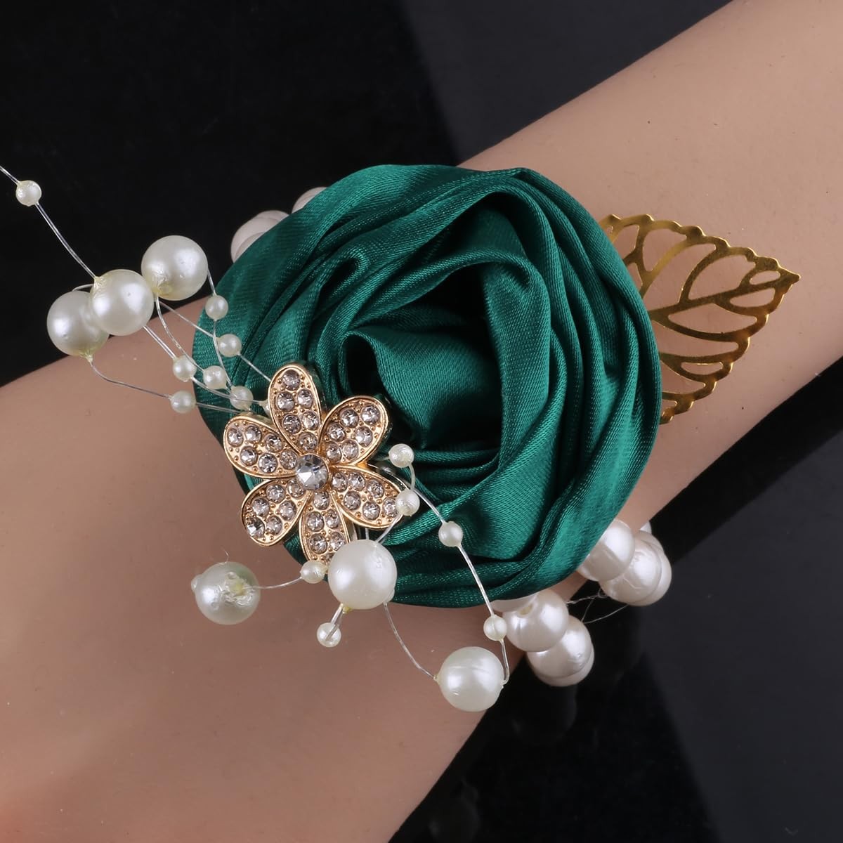 5 PCS Pearl Beaded Satin Wrist Corsage Artificial Flower Emerald Green