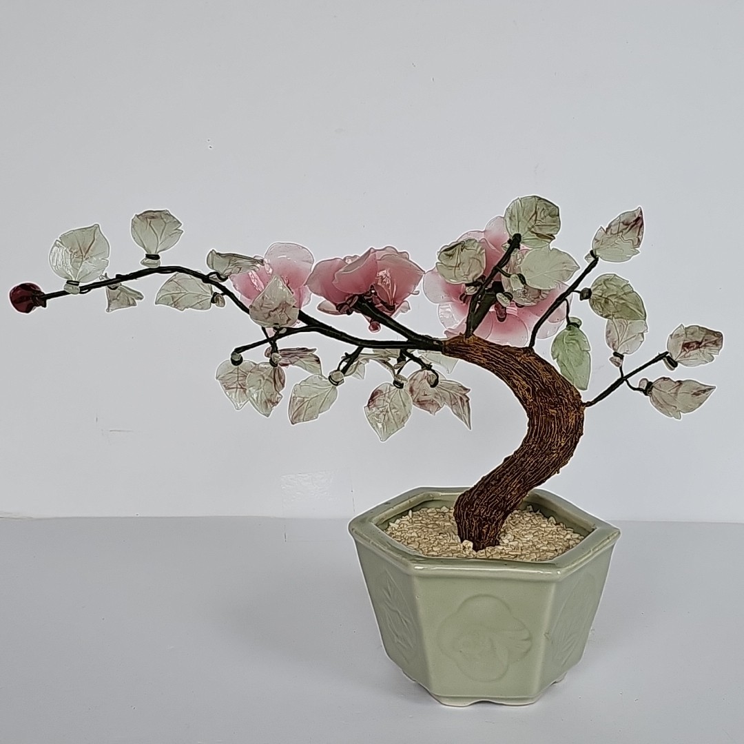 Vintage Chinese Glass Bonsai Tree Pink Cherry Blossom Celadon Pot Chinoiserie