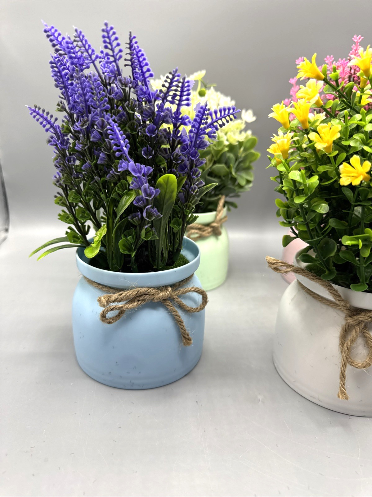 4 Pack Fake Flowers Small Artificial Faux Plants in Plastic Macaron Pots