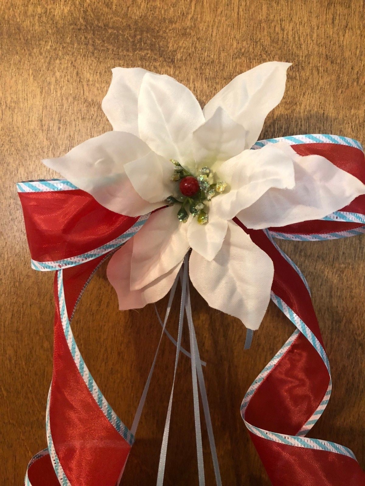 * Christmas Pinecone Tear Drop Door Swag Wreath White Poinsettia Red bow