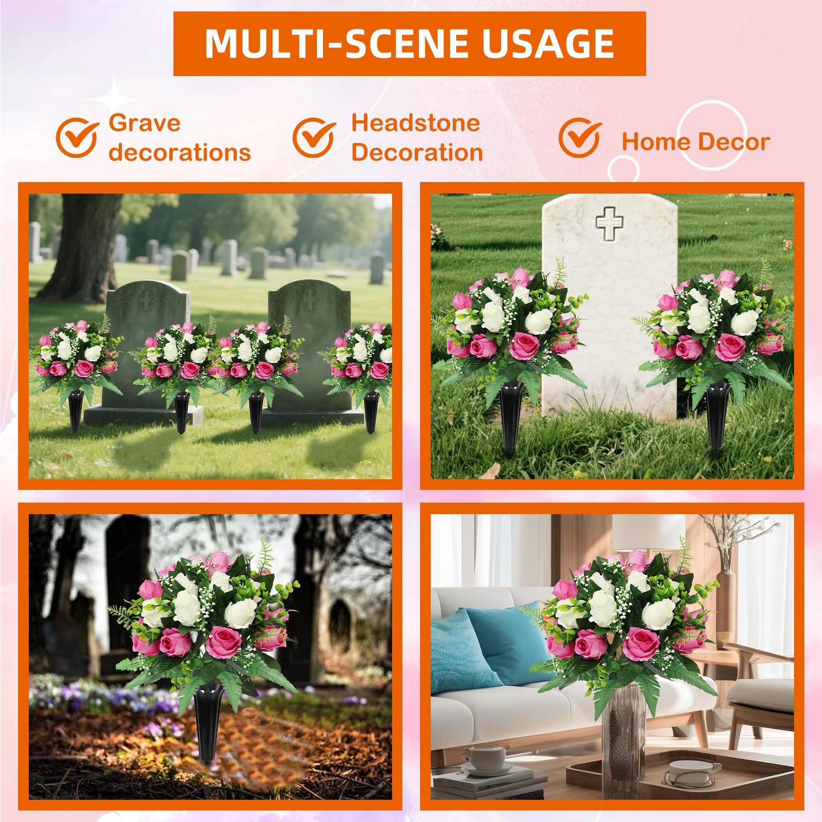 2 Sets Artificial Cemetery Flowers for Grave,Realistic Grave Flowers for Ceme…