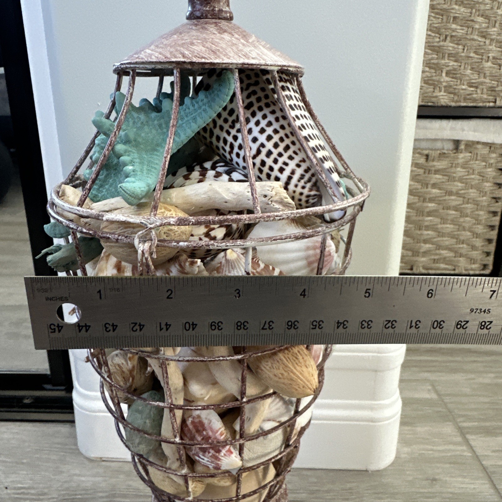 Beach Decore, Decorative Cage With Real Shells And Dried Ocean Plants Theme