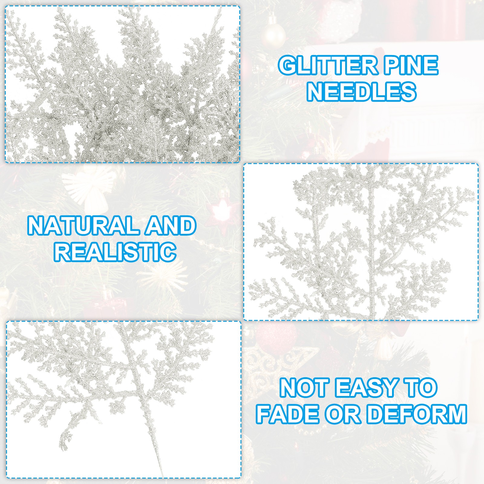 24 Pcs Glitter Artificial Pine Needles, Glitter Pine Stems White