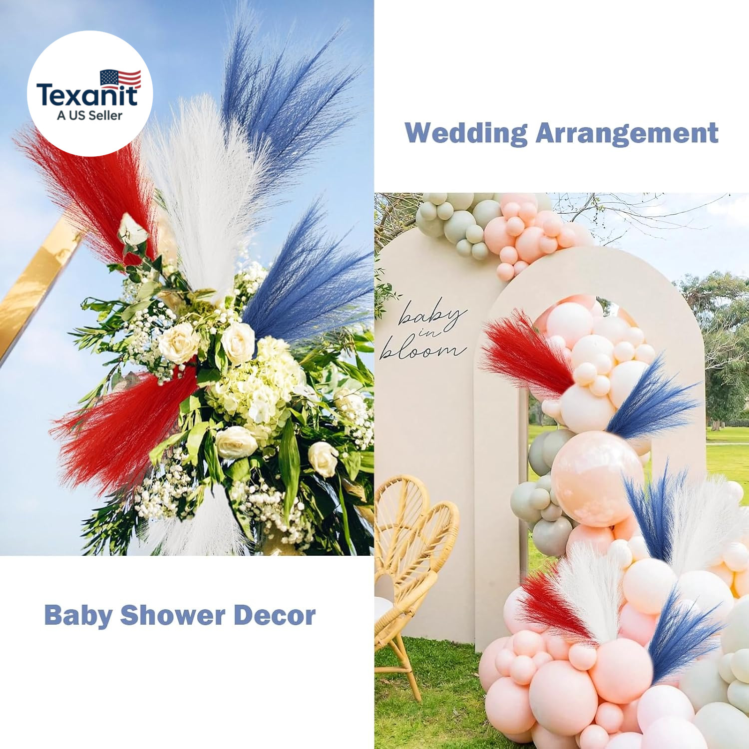 30Pcs 4Th of July Decorations Faux Pampas Grass, 21.6In Red White and Blue Artif