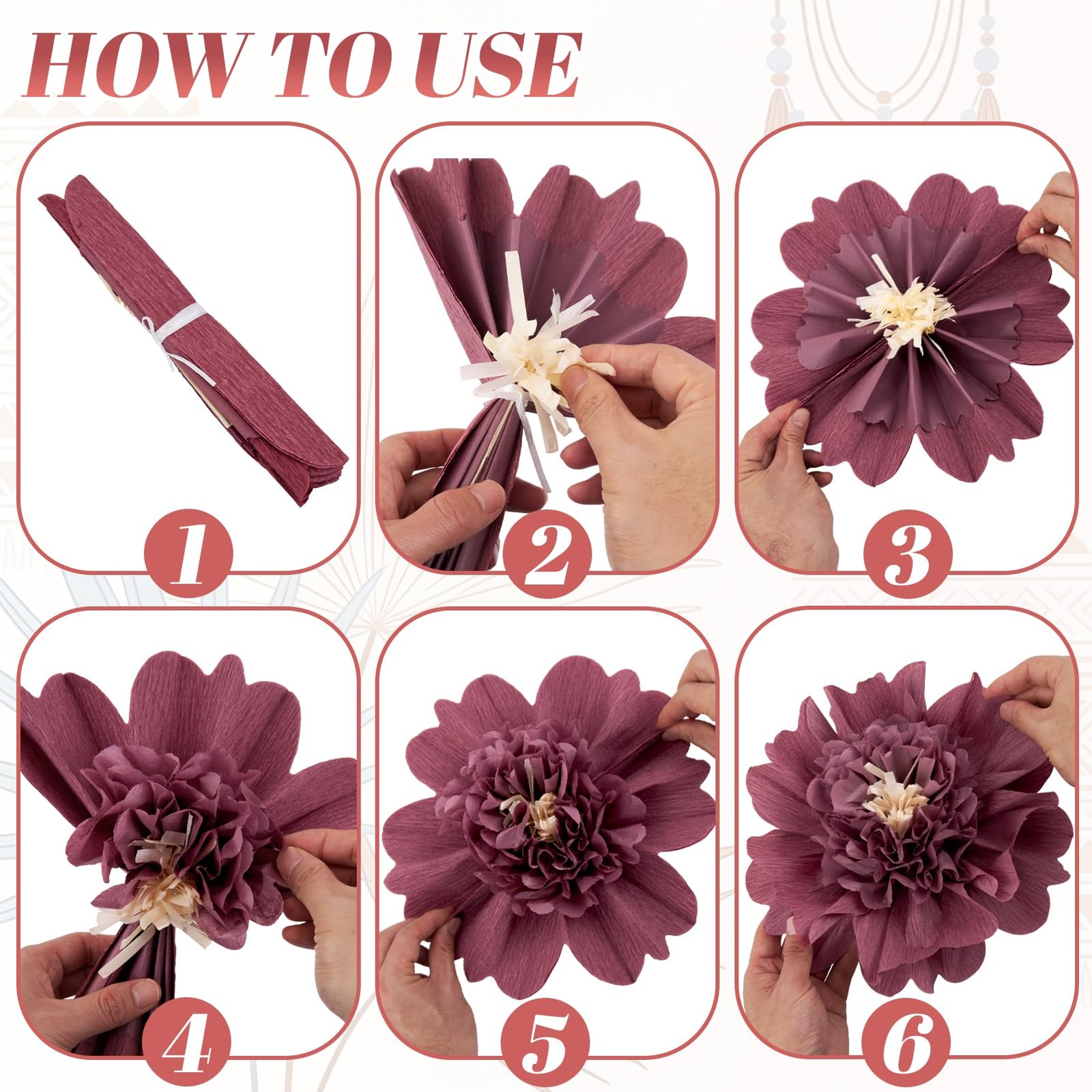 6 Pcs Large Boho Tissue Paper Flowers 12” Giant Crepe Paper Flowers Decorati…