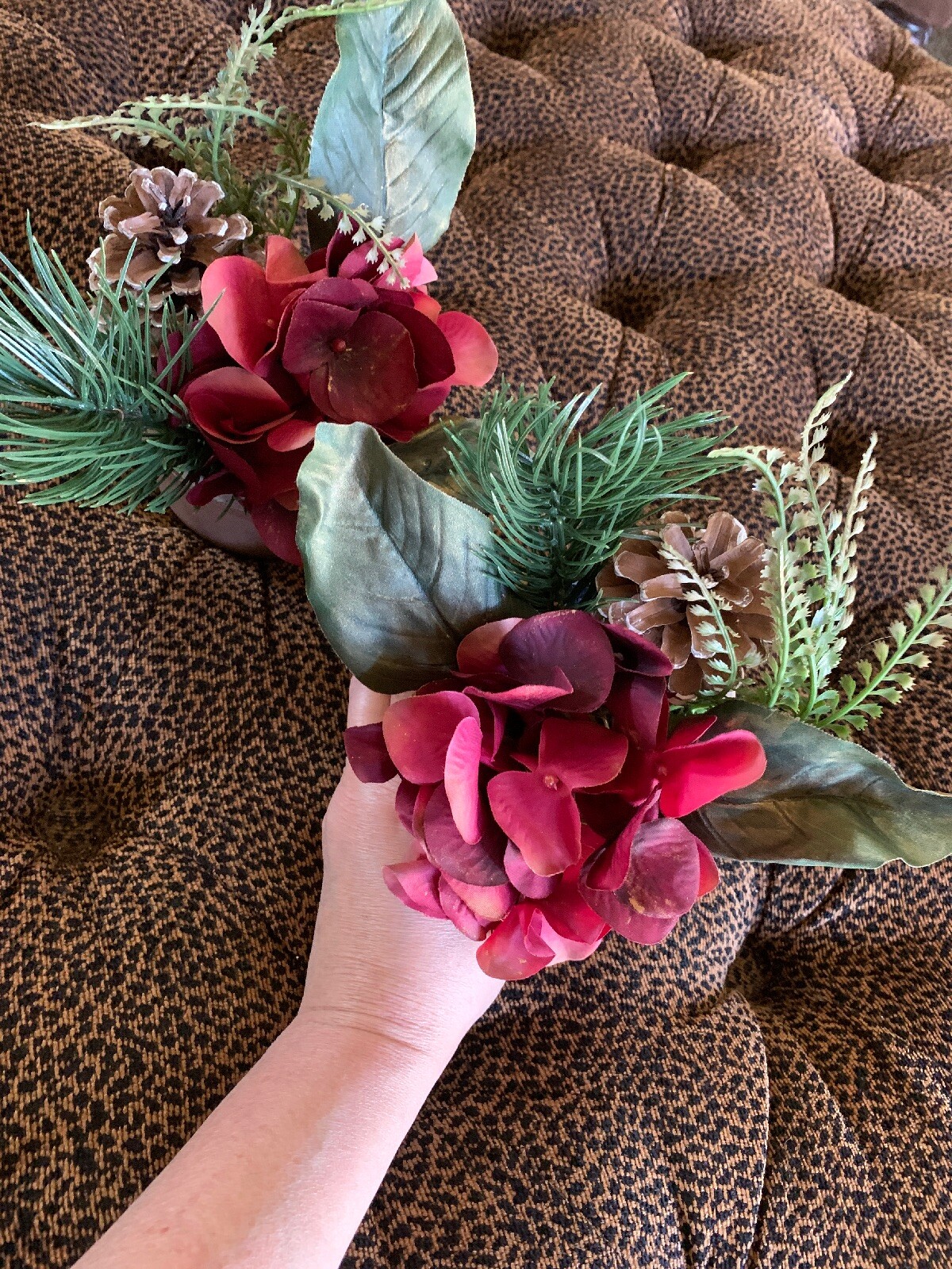 2 Red Hydrangea Floral Plant Greenery Faux Silk Stone Pot 7” Decor Accent