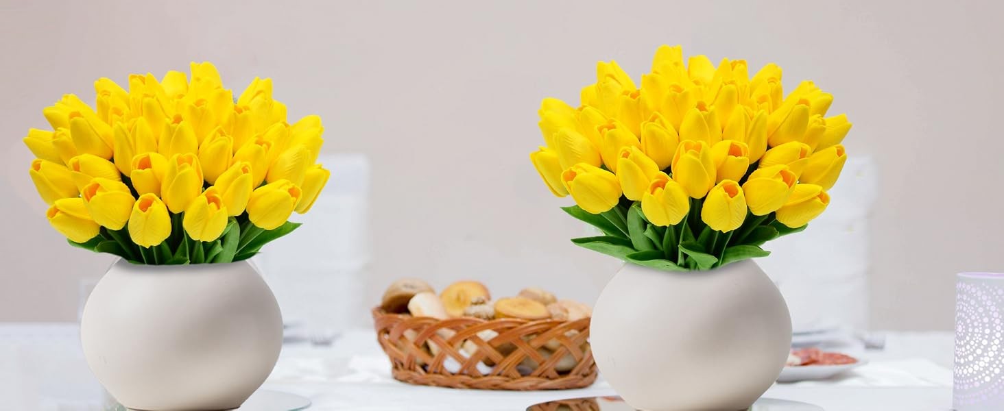 12pcs Yellow Tulips Artificial Flowers, 13.4″ PU Flowers Fake Tulips for Spring