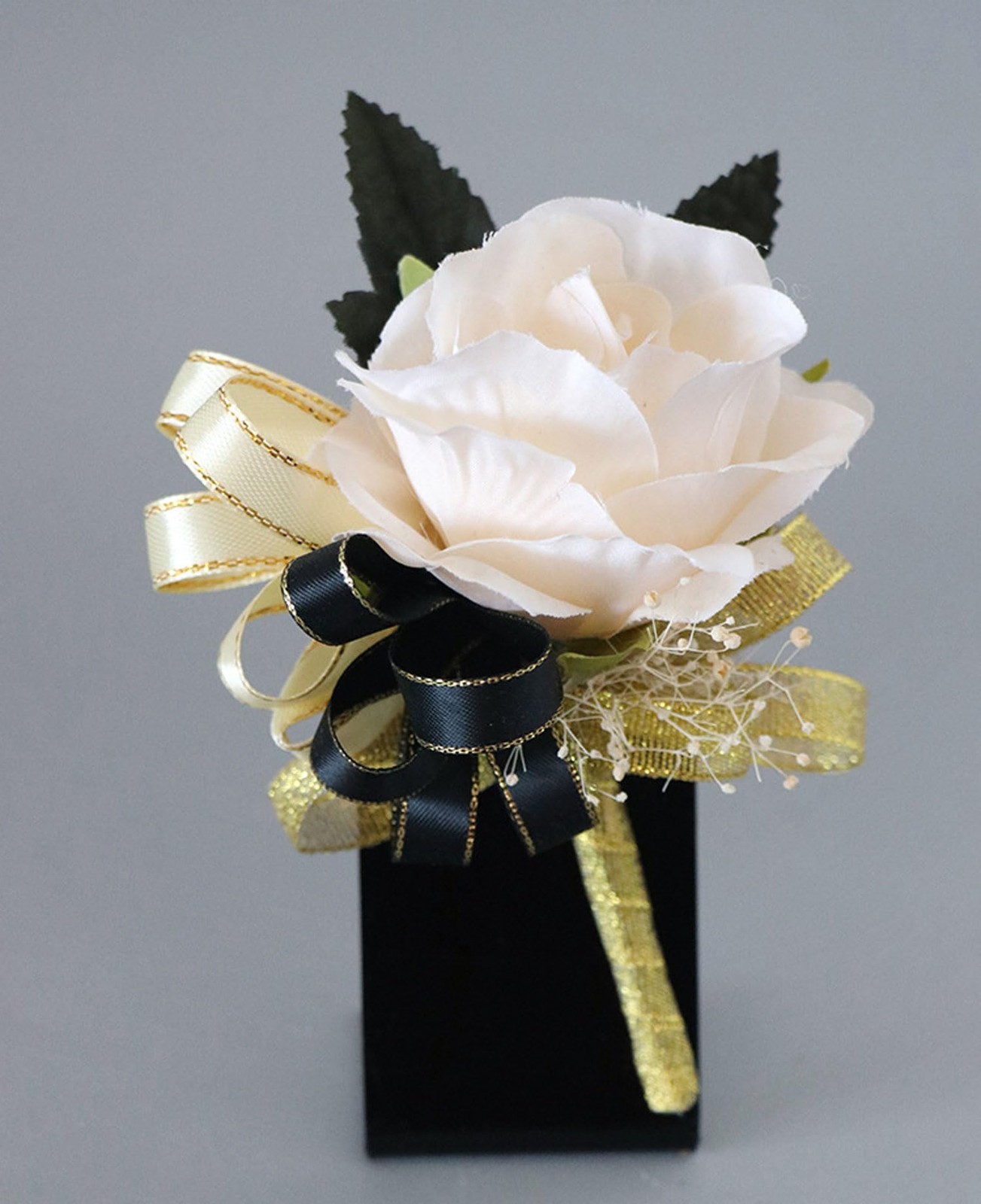 2 PCS Ivory Black Rose Wrist Corsage Boutonniere Set Wedding Prom Flower Suit