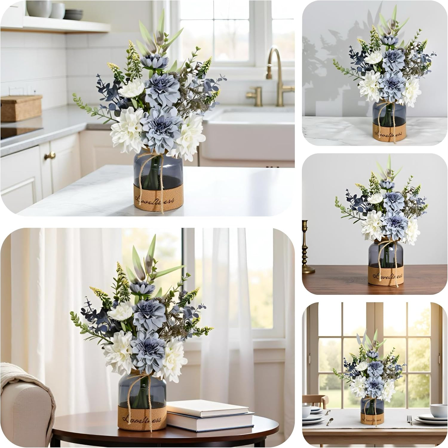 Silk Dahlia Flower Arrangement in Vase for Home, Office & Kitchen Decor