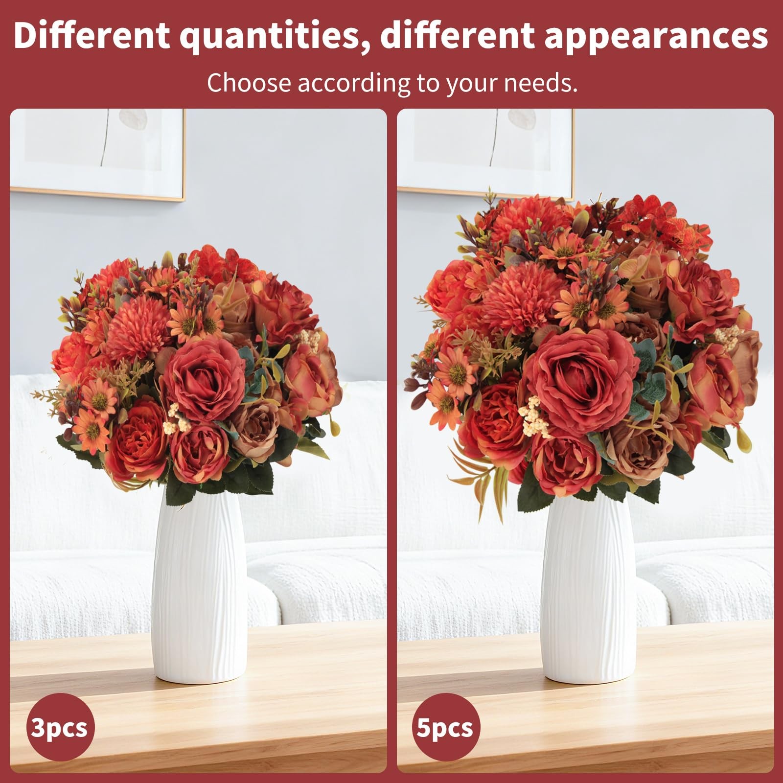 5 Bunches of Artificial Flowers,Burnt Orange Silk Artificial Rose,Pompom and …