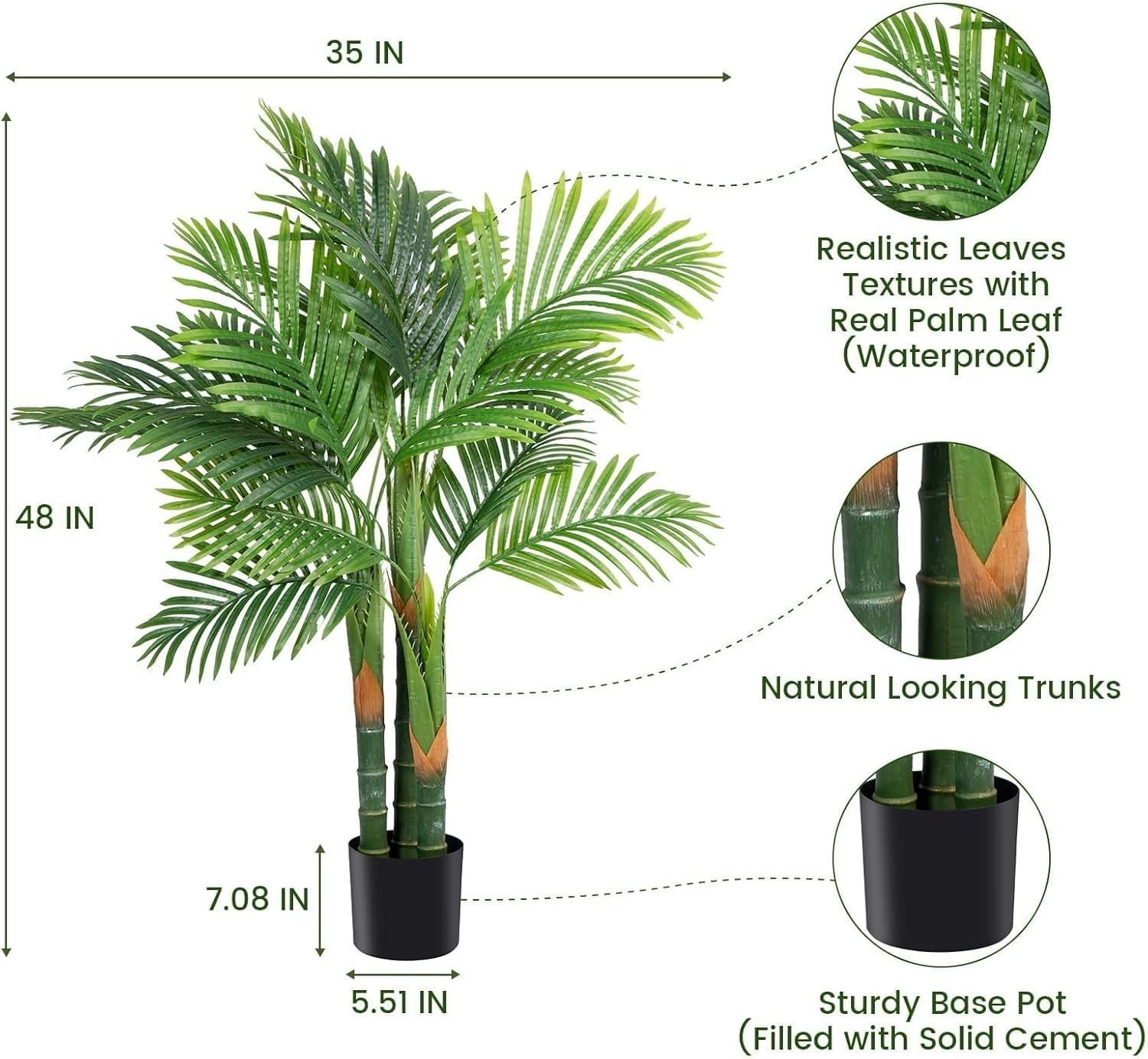 4FT ARTIFICIAL GOLDEN CANE PALM TREE 2PACK 15LEAVES FAUX TRIPLE TROPICAL PALM PL