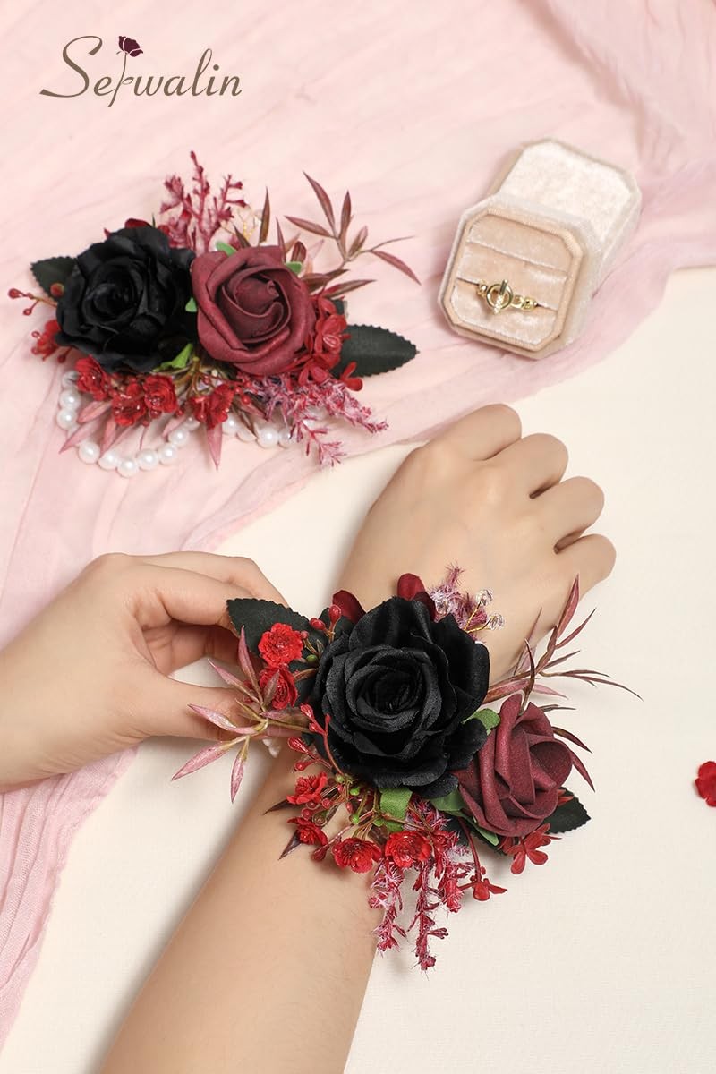 Set of 2 Black Burgundy Wrist Corsage for Wedding 6-7″ Bridesmaid Flowers