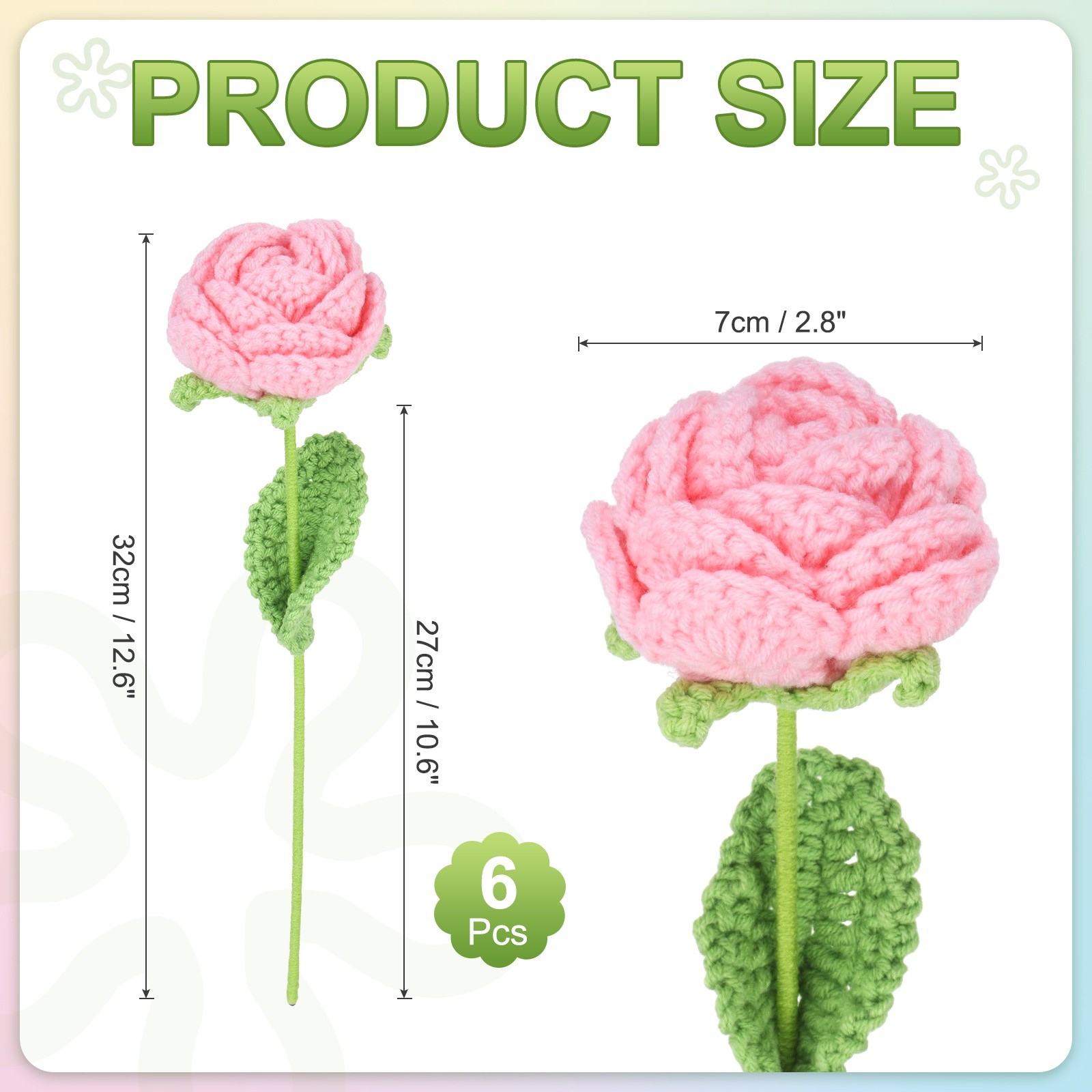 6Pcs Crochet Flower, Rose Handmade Knitted Bouquet, Pink
