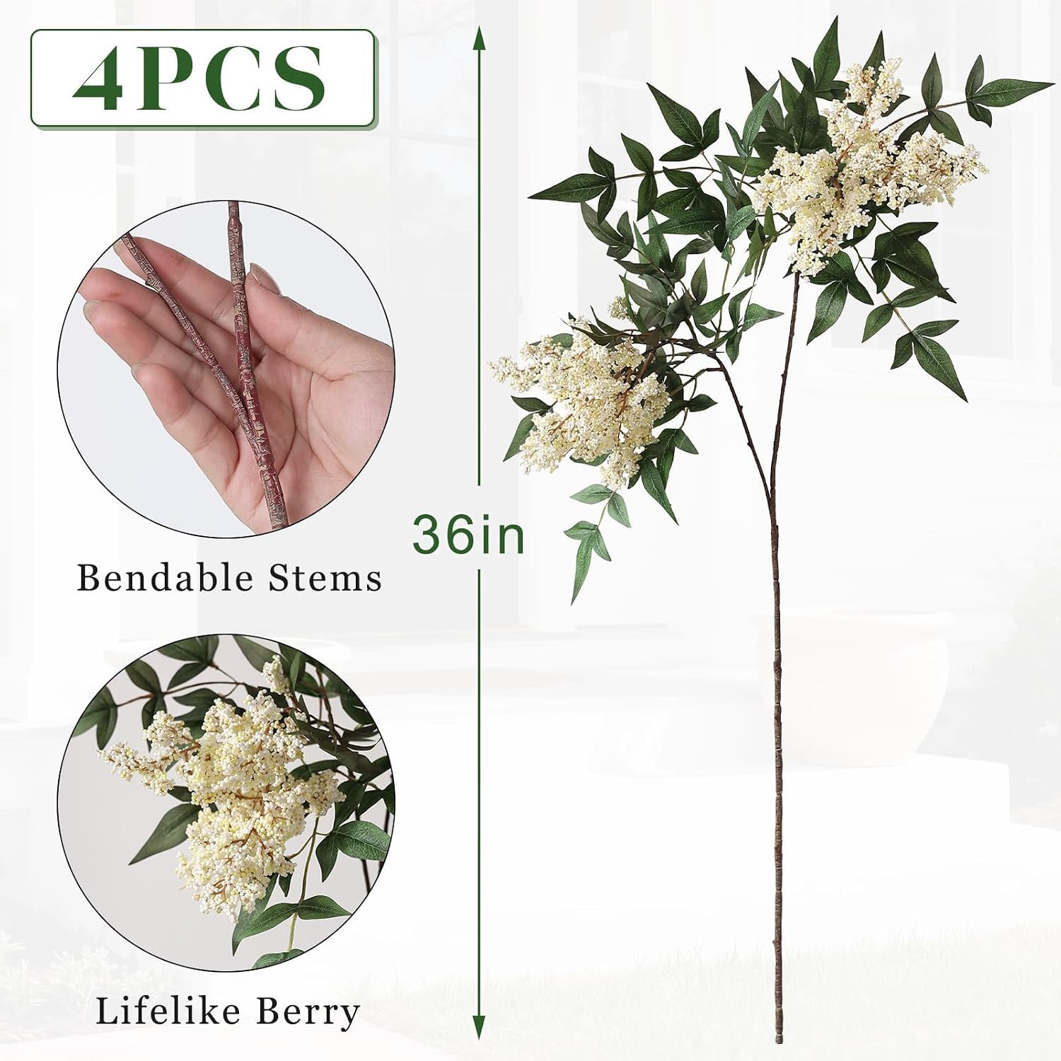 36″ Artificial Nandina Berry Stem – 4 Pcs Beige Faux Floral Decor