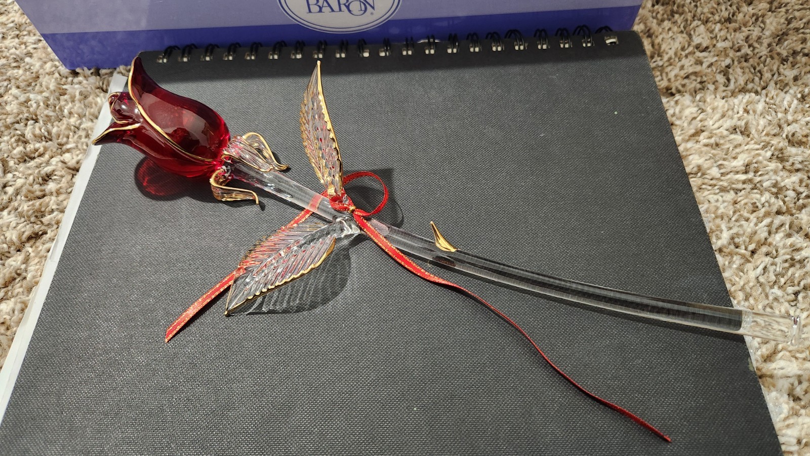Glass Baron Red Glass Rose Flower Stem Figurine w/ Metal Stem & Leaves