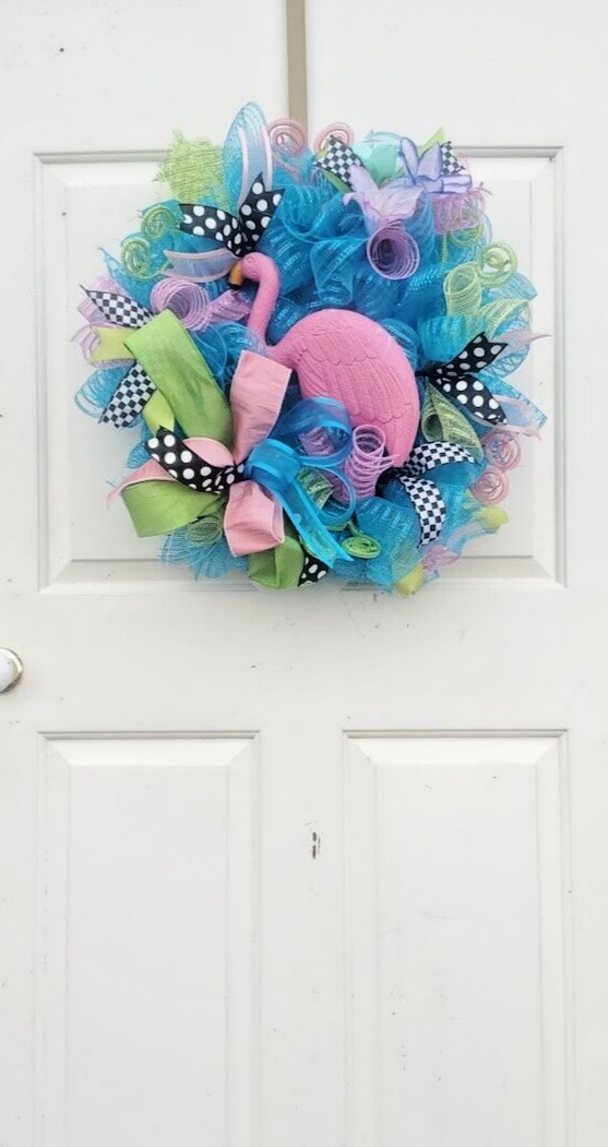 Spring Summer Pink Flamingo Wreath Large 24″ Handmade Deco Mesh Door Decoration