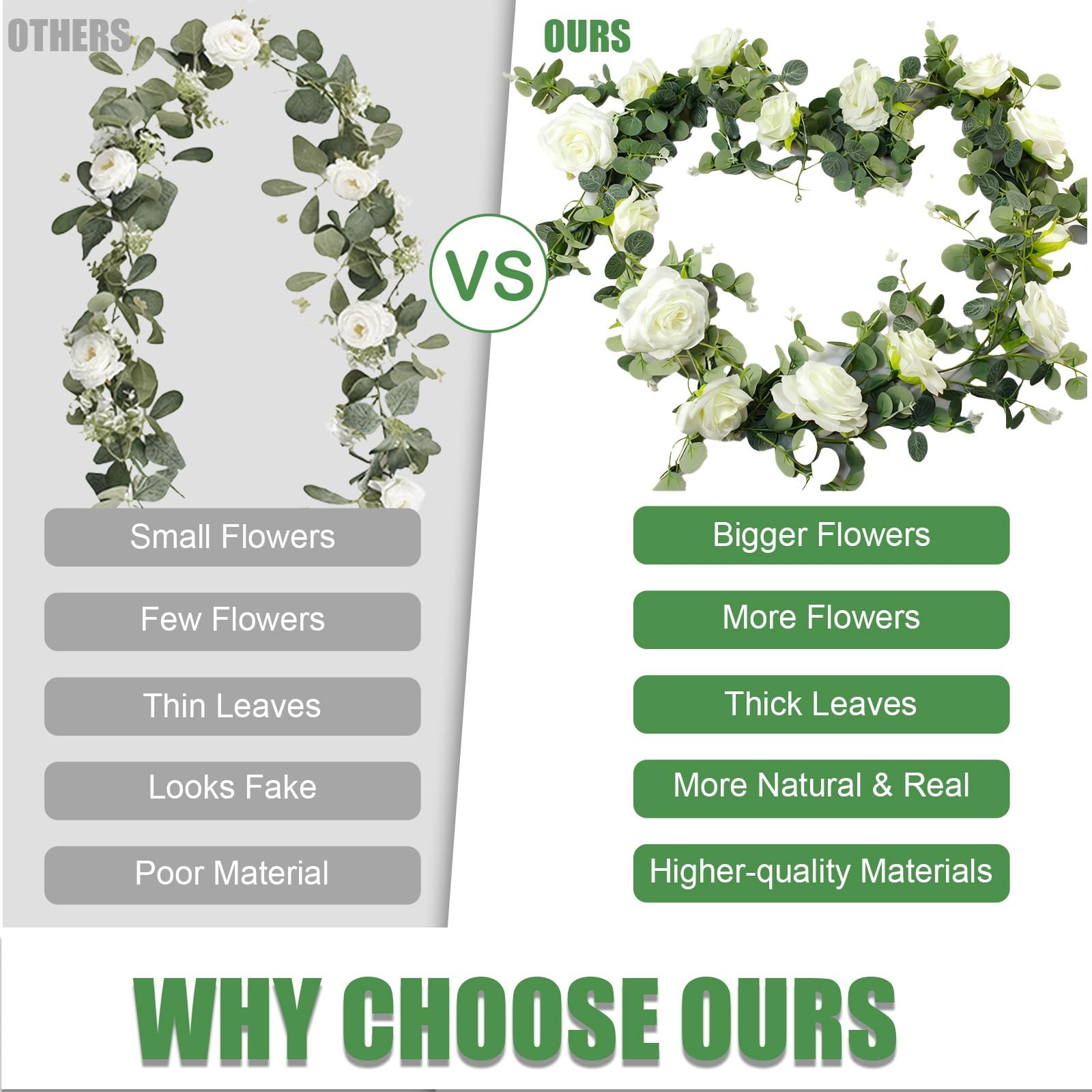 6FT Artificial Eucalyptus Garland with 14 Fake White Rose Flowers – Floral Gr…