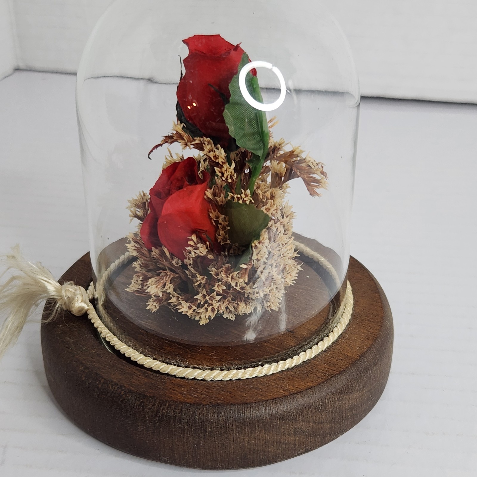 Vintage Real Preserved Red Roses Glass Dome Cloche Wood Base Floral Display