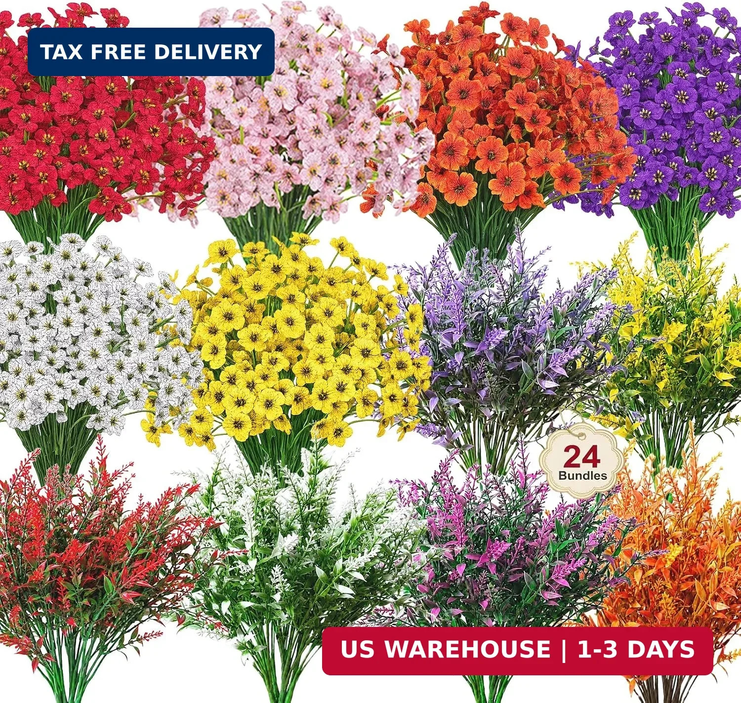 24 Bundles Artificial Flowers for Outdoors, UV Resistant Fake Flowers Faux Plant
