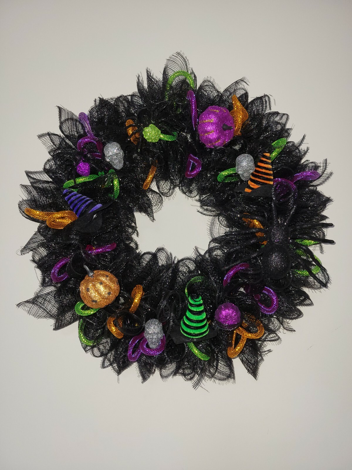 Halloween Deco Mesh Front Door Wreath Wall Decoration 18″ purple green black ora
