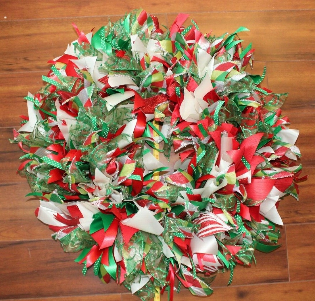 Christmas Winter Holiday Door Wreath Ribbons 23″ Red White Green Sparkle 24″ dia