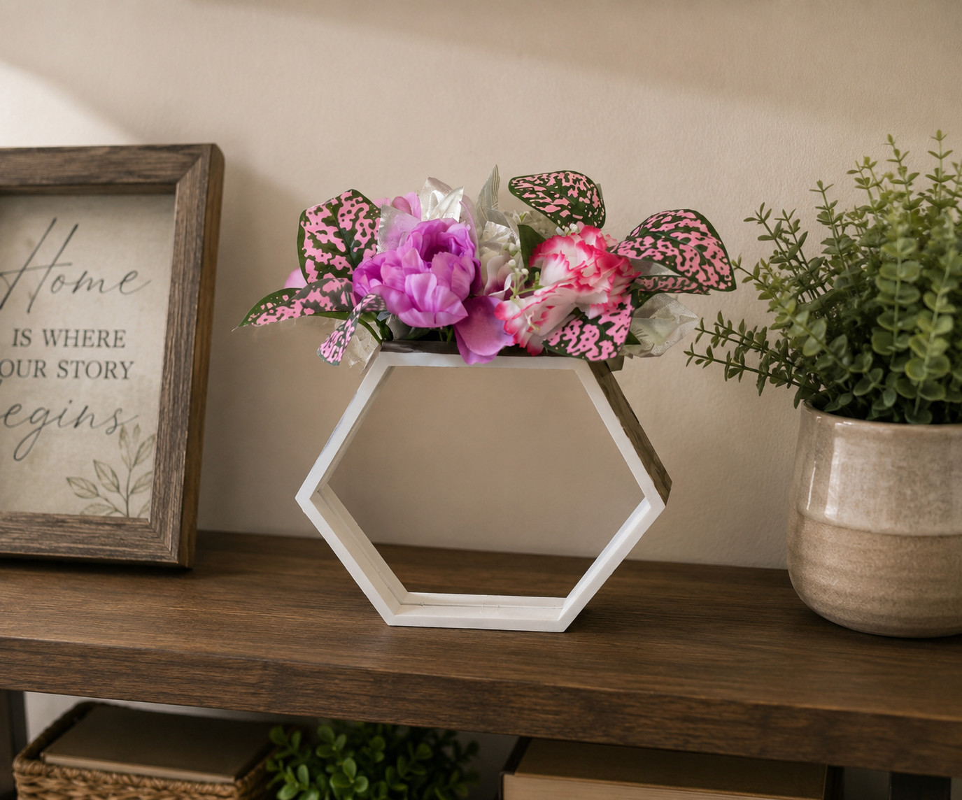 Modern Hexagon Floral Shelf Decor | Handmade Farmhouse Centerpiece