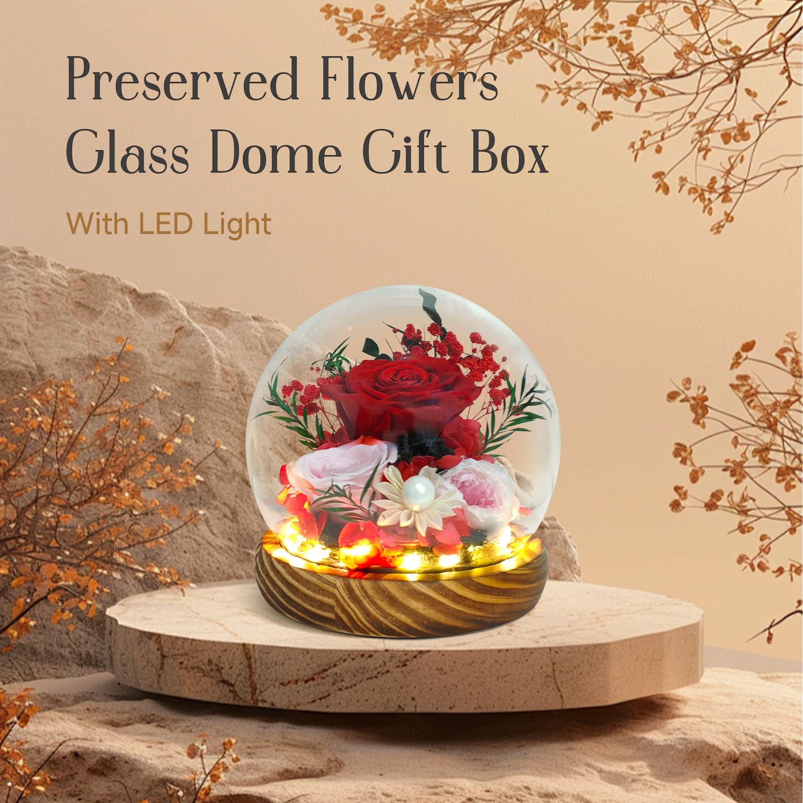 Preserved Red Roses in Glass Dome – Eternal Flowers, Forever Roses with LED L…