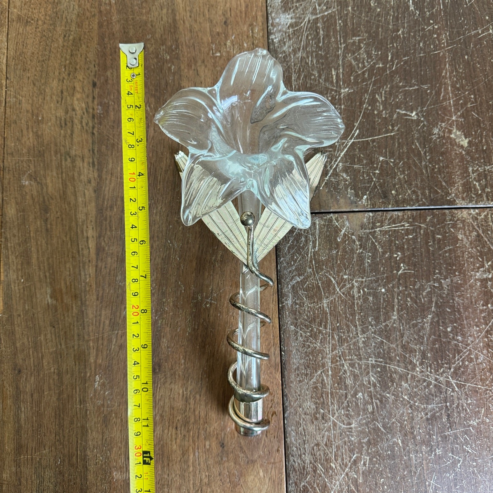 Vintage Silver Tone Metal Wrapped Clear Blown Glass Lilly Flower Art Decor