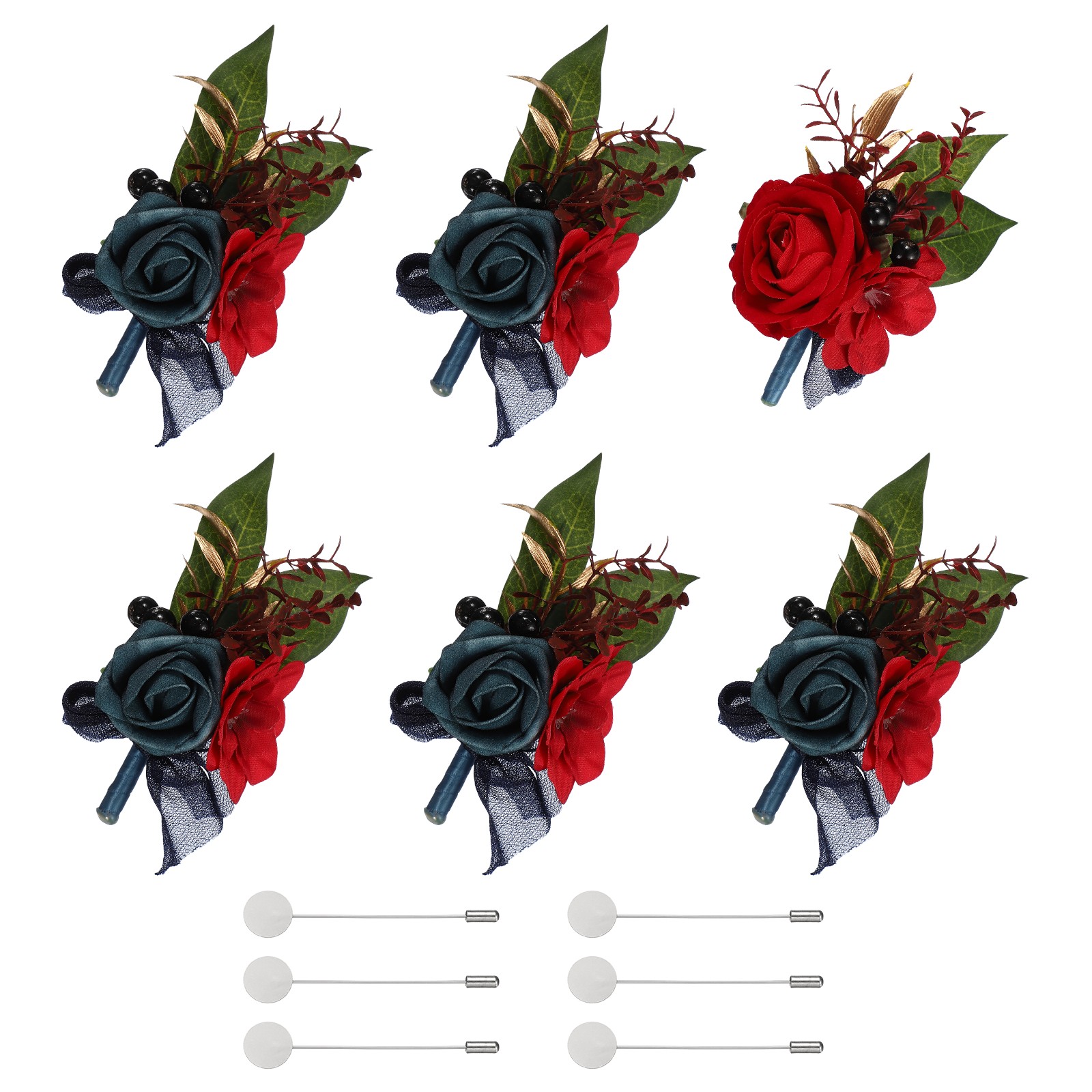 Mens Boutonnieres for Weddings, 6 Pcs Rose Boutonnieres, Navy Blue/Burgundy